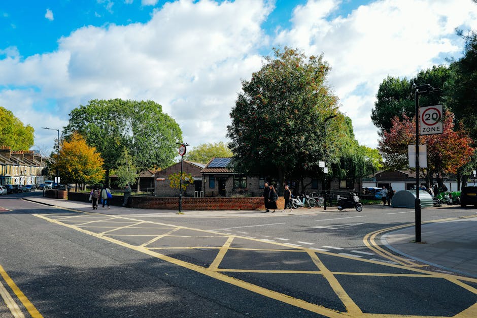 A street scene outside Earlsfield station featuring a small landscaped area with a variety of trees and shrubs, including a large central tree with dense green foliage and some trees showing autumn co