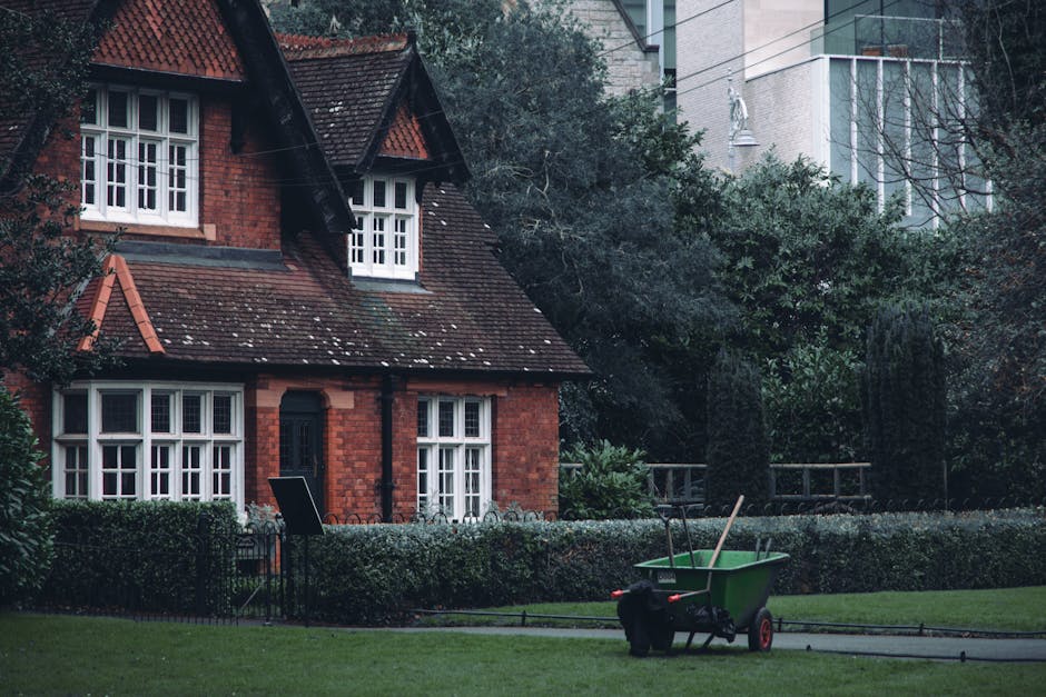 A view of a residential terraced garden in an urban setting, featuring a narrow paved pathway leading to a white front door with glass panes, set within a red-brick house. The garden is well-maintaine
